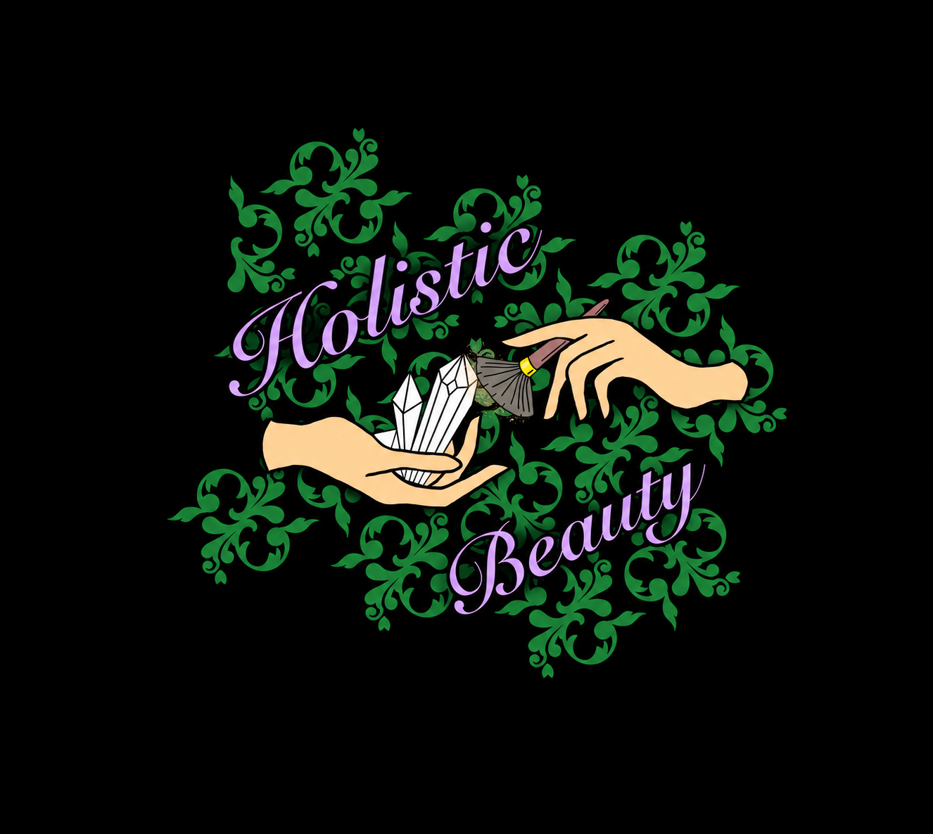 Holistic Beauty botanical logo with crystals and hands